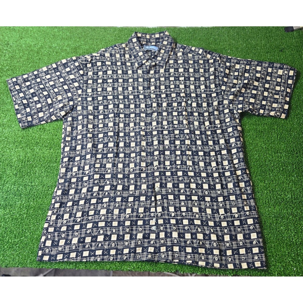 CORSINI Mens Large Rayon SS Button Up Shirt Geometric Pattern Camp Resort Travel